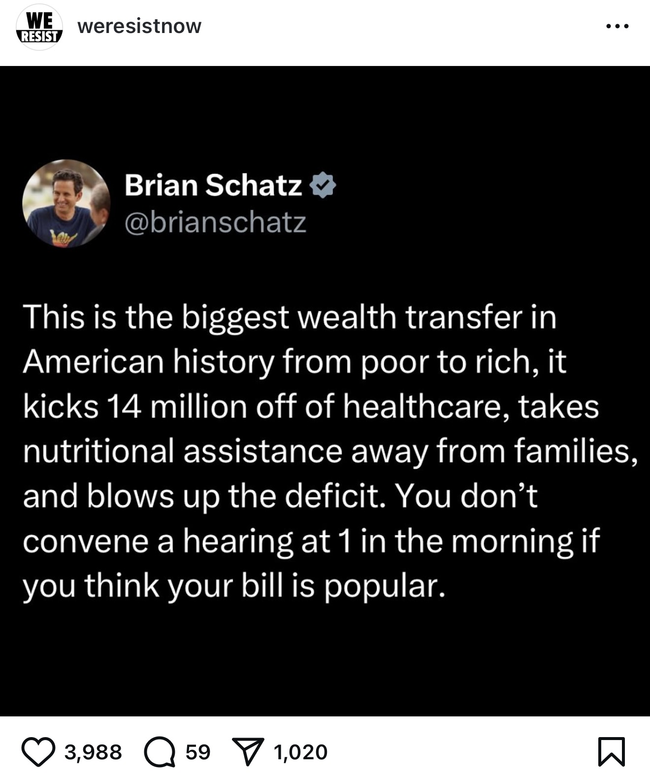 Senator Brian Schatz tweet criticizing healthcare cuts and deficit increases